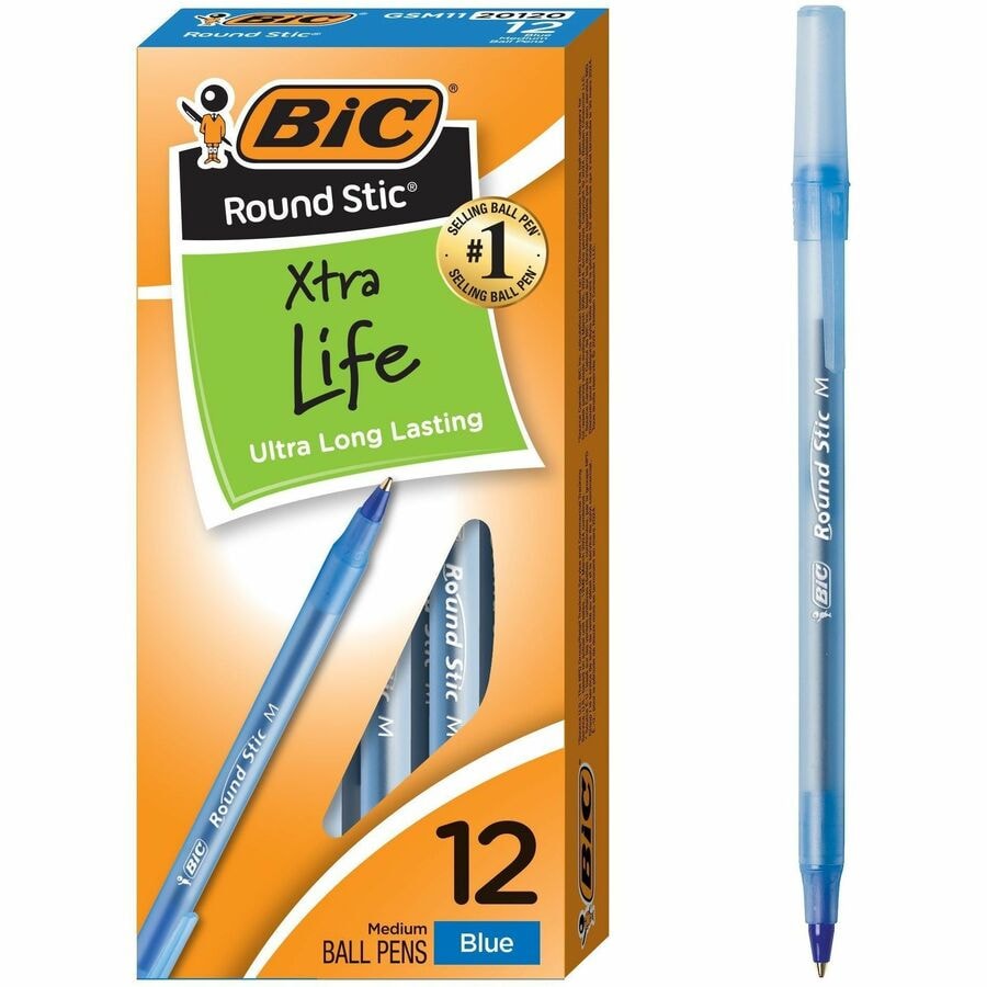 BIC Round Stic Extra Life Blue Ballpoint Pens, Medium Point (1.0mm), 12-Count Pack of Bulk Pens, Flexible Round Barrel for Writing Comfort, No. 1 Selling Ballpoint Pens - 1 mm (0.04") Medium Pen Point - Blue Ink - Translucent Barrel - 12 Pack