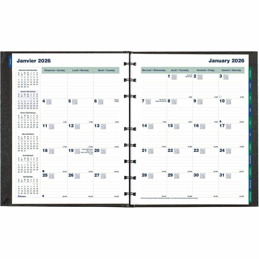 Blueline Miracle Bind Coil Pro Monthly Planner, 9-1/4" x 7-1/4" , Bilingual, Black - Julian Dates - Monthly - 16 Month - September 2025 to December 2026 - 1 Month Double Page Layout - 7 1/4" (184.15 mm) x 9 1/4" (234.95 mm) Sheet Size - 1 Each