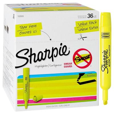 Sharpie SmearGuard Tank Style Highlighters - Narrow Narrow Chisel, Wide Marker Point - Fluorescent Yellow Ink - 36 / Pack