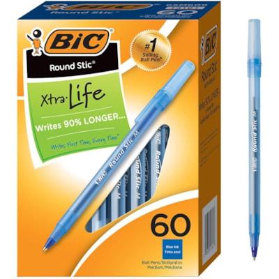 BIC Round Stic Ballpoint Pens - Medium Pen Point - Blue Ink - Blue Barrel - 60 / Box