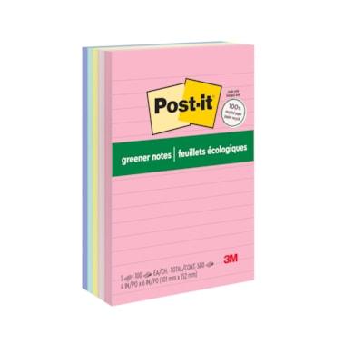Post-it® Greener Lined Notes - Sweet Sprinkles Color Collection - 500 x Assorted - 4" (101.60 mm) Flag/Note Width x 6" (152.40 mm) Flag/Note Length - Rectangle - 100 Sheets per Pad - Ruled - "Positively Pink, Canary Yellow, Fresh Mint, Moonstone