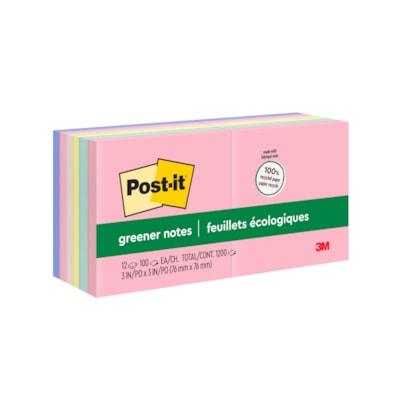 3" x 3" - Square - 100 Sheets per Pad - Unruled - Positively Pink, Pink Salt, Canary Yellow, Fresh Mint, Moonstone - Paper - Self-adhesive, Repositionable - 12 / Pack - Recycled*