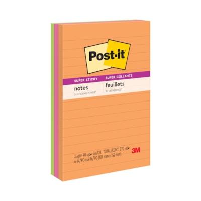 Post-it® Super Sticky Notes - Energy Boost Color Collection - 270 x Assorted - 4" (101.60 mm) Flag/Note Width x 6" (152.40 mm) Flag/Note Length - Rectangle - 90 Sheets per Pad - Ruled - "Orange, Pink, Green