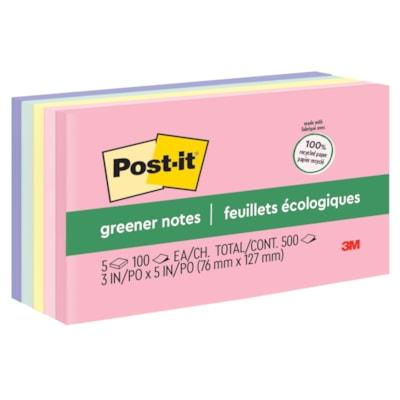 Post-it® Greener Notes - Sweet Sprinkles Color Collection - 500 - 3" (76.20 mm) Flag/Note Width x 5" (127 mm) Flag/Note Length - Rectangle - 100 Sheets per Pad - Unruled - "Positively Pink, Pink Salt, Canary Yellow, Fresh Mint, Moonstone