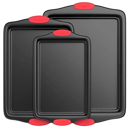 Nutrichef Kitchen Oven Baking Pans - Deluxe Nonstick Gray Coating Inside & Outside Carbon Steel Bakeware Set with Red Silicone Handles (3-Pieces), One Size, Black