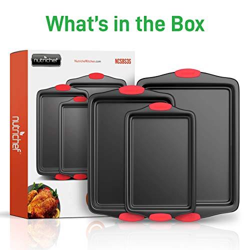 Nutrichef Kitchen Oven Baking Pans - Deluxe Nonstick Gray Coating Inside & Outside Carbon Steel Bakeware Set with Red Silicone Handles (3-Pieces), One Size, Black