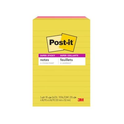 Post-it® Super Sticky Multi-Pack Notes - Summer Joy Color Collection - 4" (101.60 mm) Flag/Note Width x 6" (152.40 mm) Flag/Note Length - Rectangle - 90 Sheets per Pad - "Citron, Papaya Fizz, Power Pink, Washed Denim, Fresh Mint - 3 / Pack