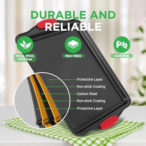 Nutrichef Kitchen Oven Baking Pans - Deluxe Nonstick Gray Coating Inside & Outside Carbon Steel Bakeware Set with Red Silicone Handles (3-Pieces), One Size, Black