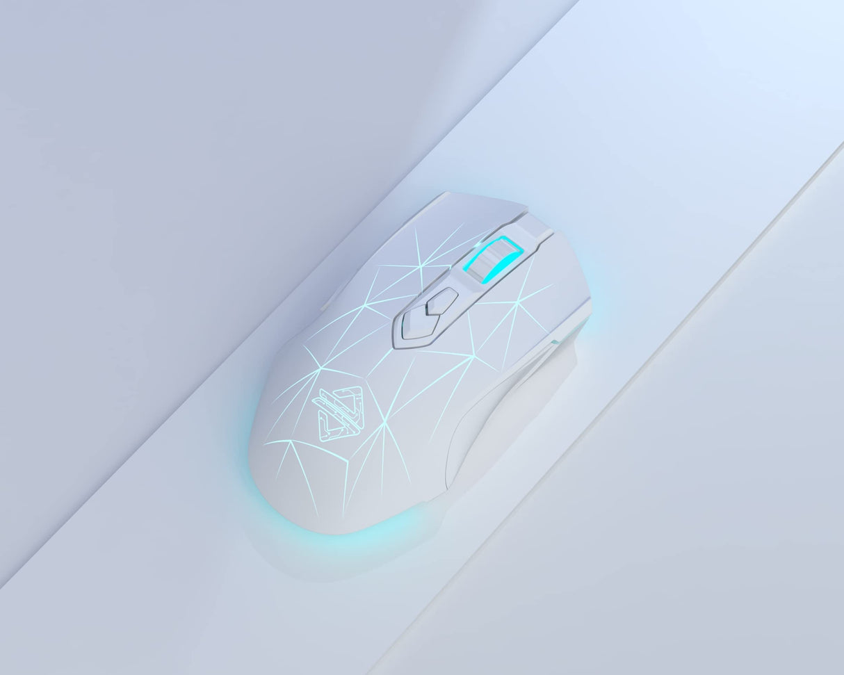 AJ52PRO Watcher 2.4G Wireless/Bluetooth 5.0/ Wired Gaming Mouse, 10000 DPI, Programmable 7 Buttons, Ergonomic LED Backlit USB Gamer Mice Computer Laptop PC, for Windows Mac Linux OS, Star White