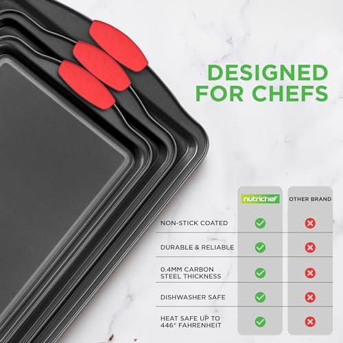 Nutrichef Kitchen Oven Baking Pans - Deluxe Nonstick Gray Coating Inside & Outside Carbon Steel Bakeware Set with Red Silicone Handles (3-Pieces), One Size, Black