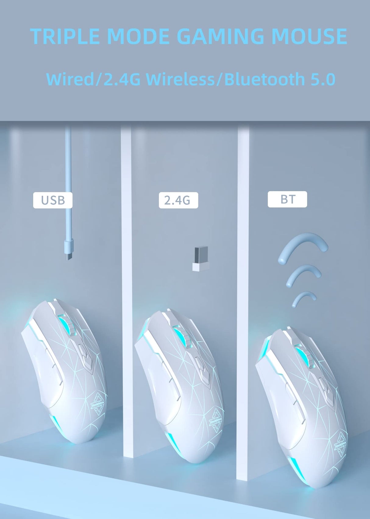 AJ52PRO Watcher 2.4G Wireless/Bluetooth 5.0/ Wired Gaming Mouse, 10000 DPI, Programmable 7 Buttons, Ergonomic LED Backlit USB Gamer Mice Computer Laptop PC, for Windows Mac Linux OS, Star White