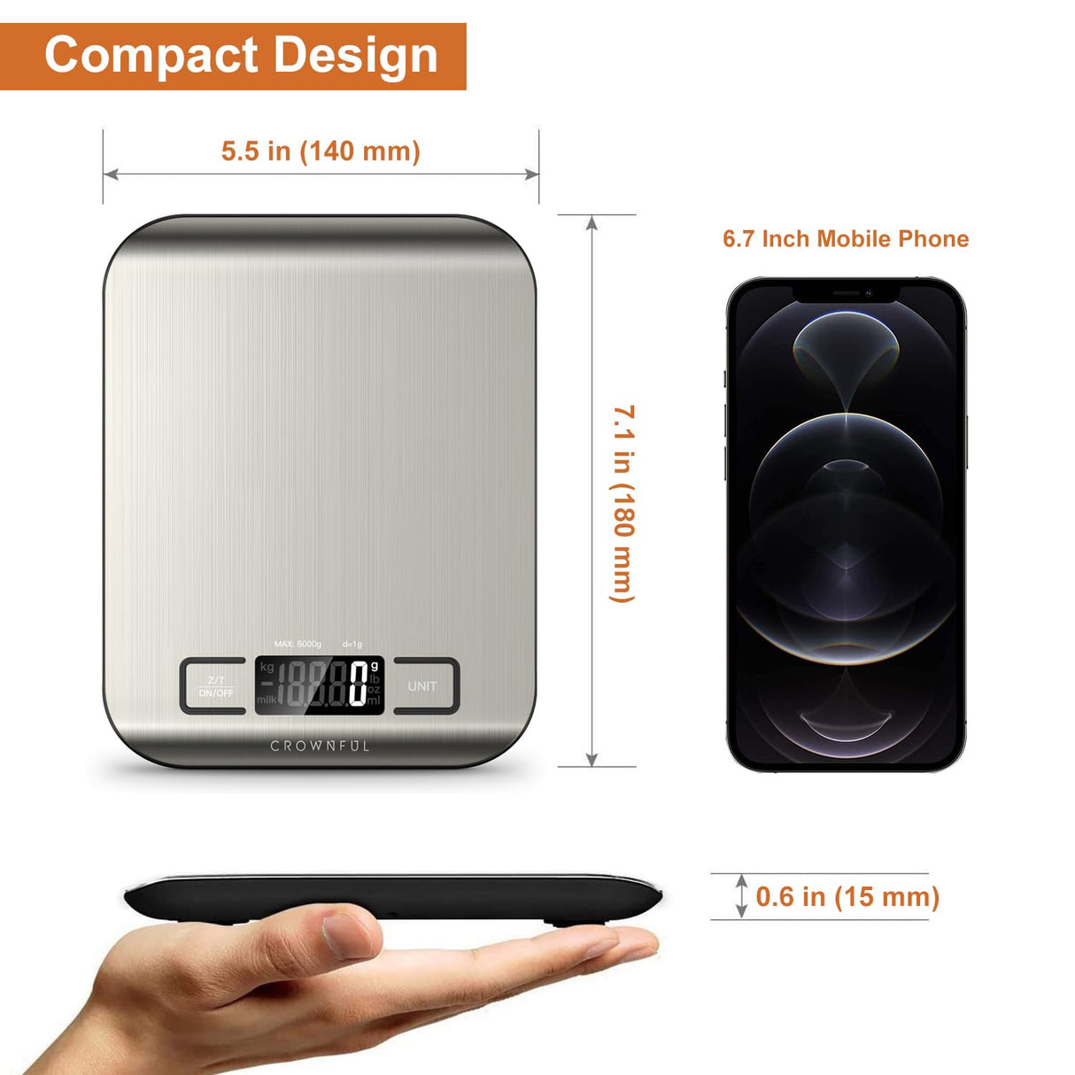 CROWNFUL Food Scale, 11lb Digital Kitchen Scales Weight Ounces and Grams for Cooking and Baking, 6 Units with Tare Function (Battery Included)