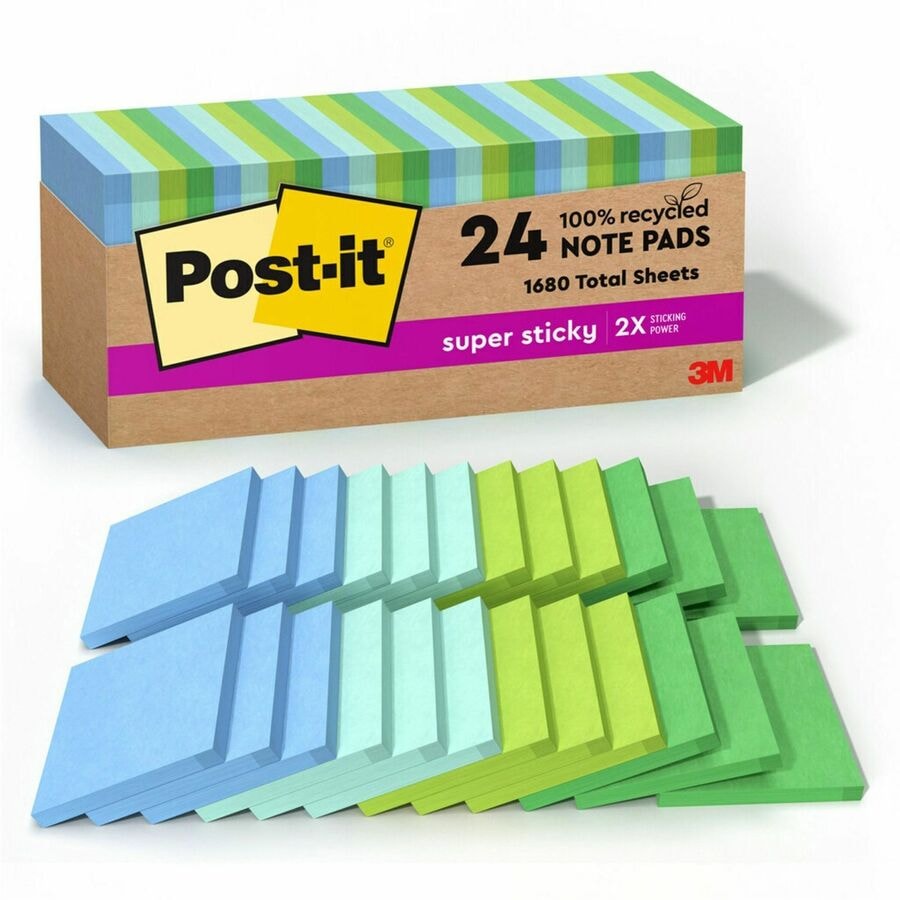 Post-it® Recycled Super Sticky Notes - 70 - 3" (76.20 mm) Flag/Note Width x 3" (76.20 mm) Flag/Note Length - Square - 70 Sheets per Pad - "Assorted Oasis - Adhesive - Recycled - 24 / Pack