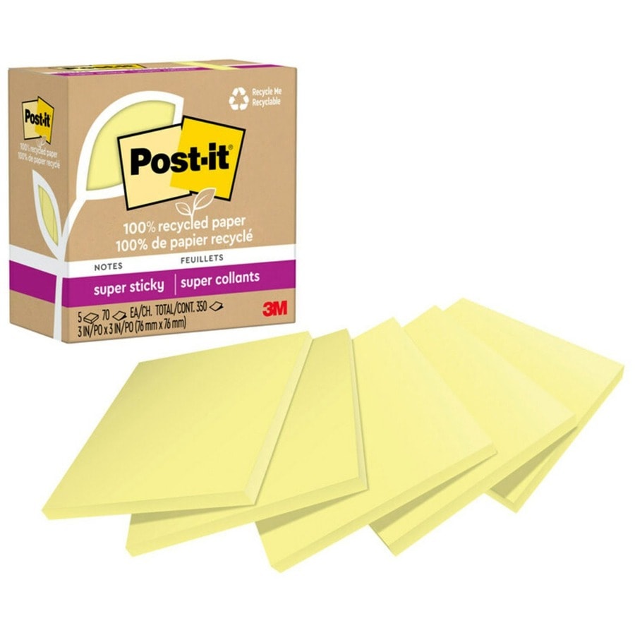 Post-it® Recycled Super Sticky Notes - 70 - 3" (76.20 mm) Flag/Note Width x 3" (76.20 mm) Flag/Note Length - Square - 70 Sheets per Pad - "Canary Yellow - Adhesive - Recycled - 5 / Pack