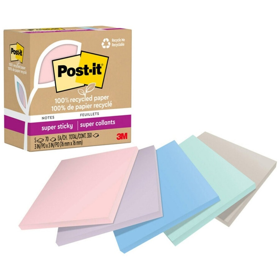 Post-it® Recycled Super Sticky Notes - 70 - 3" (76.20 mm) Flag/Note Width x 3" (76.20 mm) Flag/Note Length - Square - 70 Sheets per Pad - "Wanderlust Pastels - Adhesive - Recycled - 5 / Pack