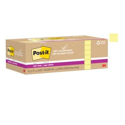 Post-it® Recycled Super Sticky Notes - 70 - 3" (76.20 mm) Flag/Note Width x 3" (76.20 mm) Flag/Note Length - Square - 70 Sheets per Pad - "Canary Yellow - Adhesive - Recycled - 12 / Pack