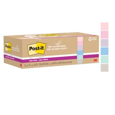 Post-it® Recycled Super Sticky Notes - 70 - 3" (76.20 mm) Flag/Note Width x 3" (76.20 mm) Flag/Note Length - Square - 70 Sheets per Pad - "Wanderlust Pastels - Adhesive - Recycled - 12 / Pack