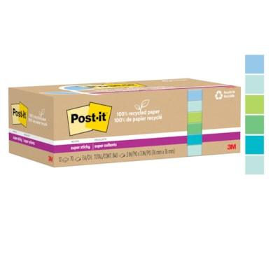Post-it® Recycled Super Sticky Notes - 70 - 3" (76.20 mm) Flag/Note Width x 3" (76.20 mm) Flag/Note Length - Square - 70 Sheets per Pad - "Assorted Oasis - Adhesive - Recycled - 12 / Pack