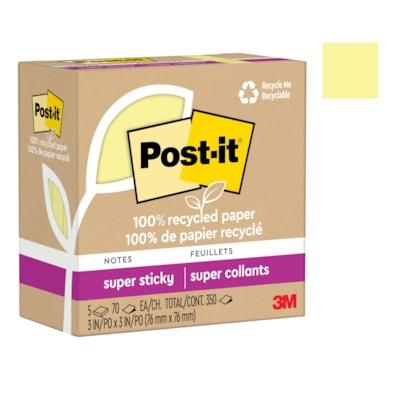 Post-it® Recycled Super Sticky Notes - 70 - 3" (76.20 mm) Flag/Note Width x 3" (76.20 mm) Flag/Note Length - Square - 70 Sheets per Pad - "Canary Yellow - Adhesive - Recycled - 5 / Pack