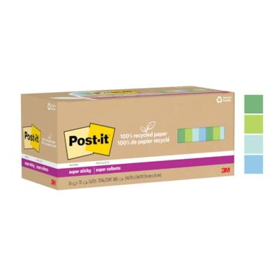 Post-it® Recycled Super Sticky Notes - 70 - 3" (76.20 mm) Flag/Note Width x 3" (76.20 mm) Flag/Note Length - Square - 70 Sheets per Pad - "Assorted Oasis - Adhesive - Recycled - 24 / Pack