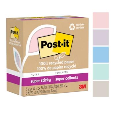 Post-it® Recycled Super Sticky Notes - 70 - 3" (76.20 mm) Flag/Note Width x 3" (76.20 mm) Flag/Note Length - Square - 70 Sheets per Pad - "Wanderlust Pastels - Adhesive - Recycled - 5 / Pack