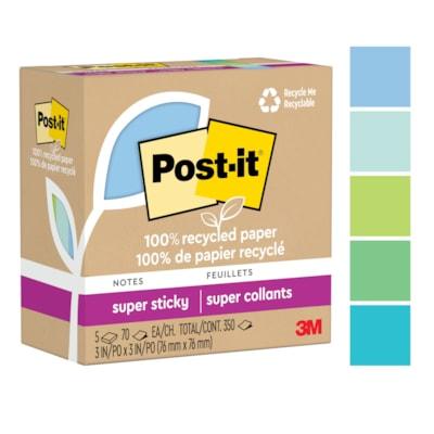 Post-it® Super Sticky Adhesive Note - 350 - 3" (76.20 mm) Flag/Note Width x 3" (76.20 mm) Flag/Note Length - Square - 70 Sheets per Pad - "Assorted Oasis - Removable, Repositionable, Recyclable - Recycled - 5 / Pack