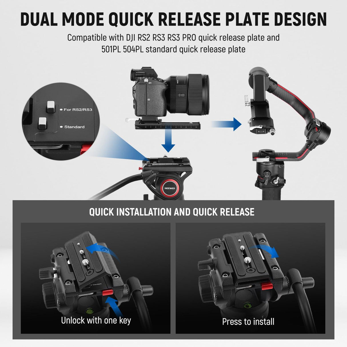 NEEWER 74" Video Tripod with Fluid Head, QR Plate Compatible with DJI RS Gimbals, Aluminum Heavy Duty Camera Tripod Professional for DSLR Cameras Camcorders, Max Load 17.6lb/8kg, TP74