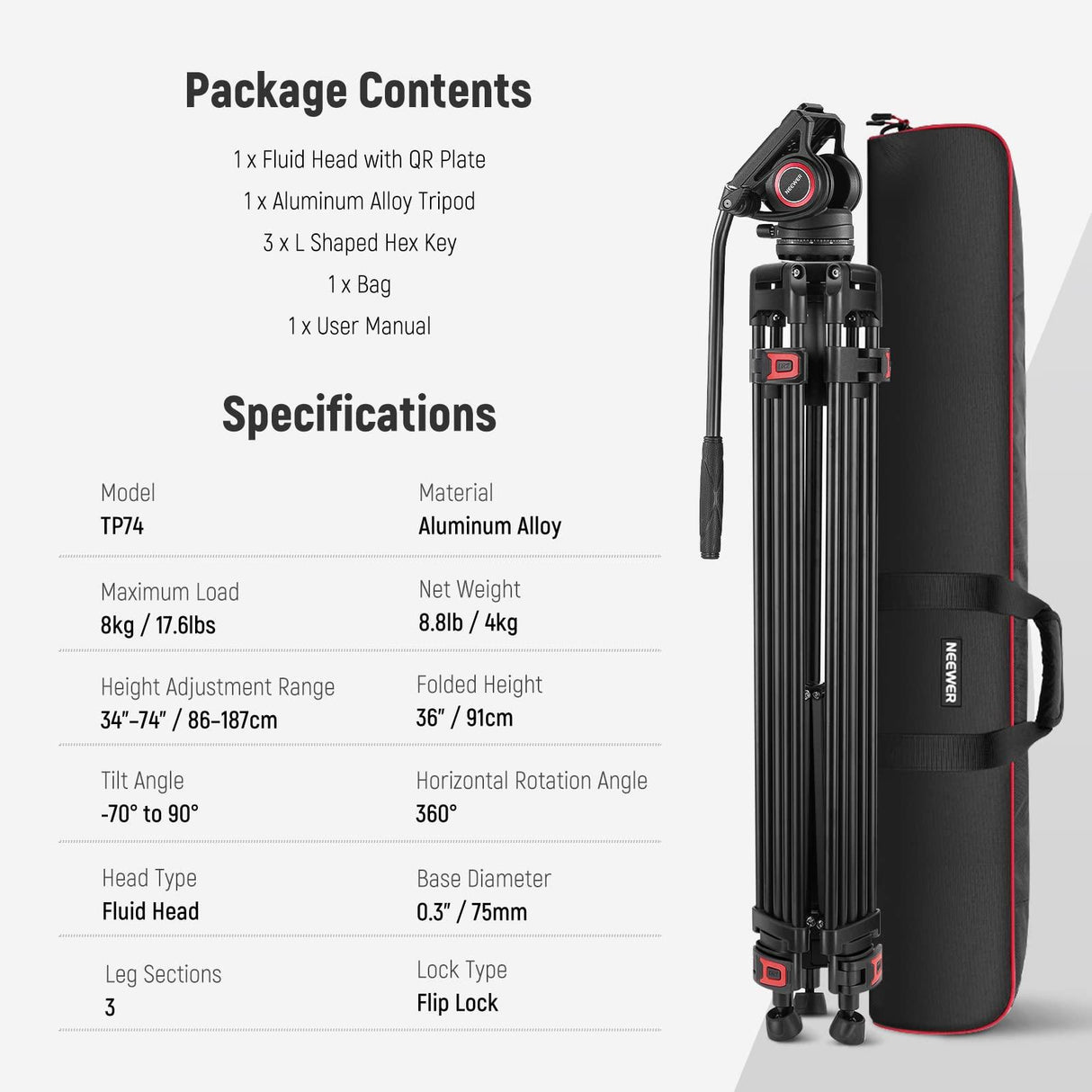 NEEWER 74" Video Tripod with Fluid Head, QR Plate Compatible with DJI RS Gimbals, Aluminum Heavy Duty Camera Tripod Professional for DSLR Cameras Camcorders, Max Load 17.6lb/8kg, TP74