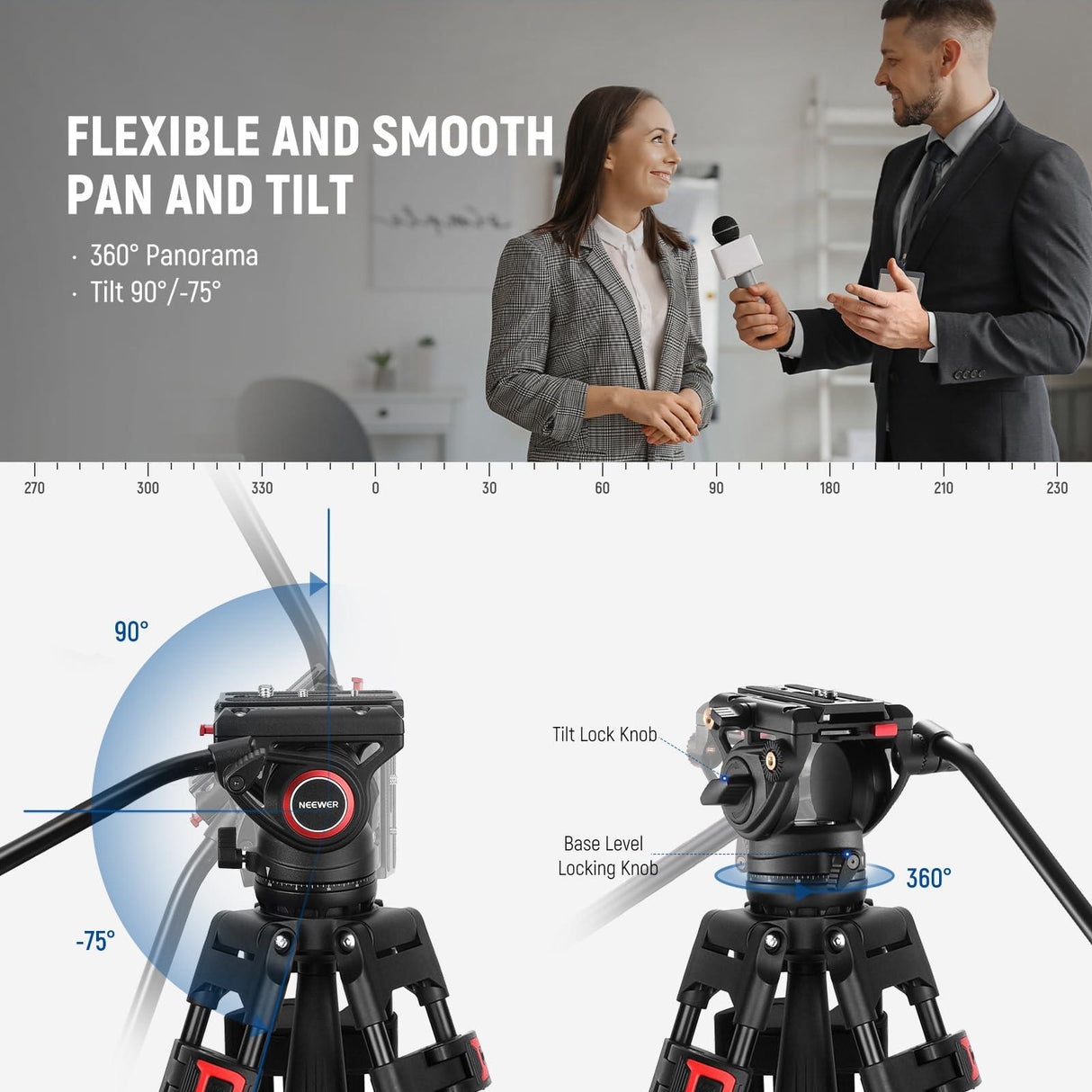 NEEWER 74" Video Tripod with Fluid Head, QR Plate Compatible with DJI RS Gimbals, Aluminum Heavy Duty Camera Tripod Professional for DSLR Cameras Camcorders, Max Load 17.6lb/8kg, TP74
