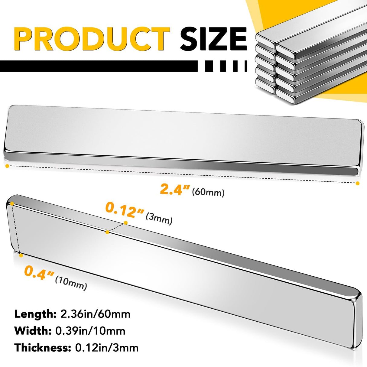 DIYMAG Strong Neodymium Bar Magnets, Rare Earth Magnets with Double-Sided Adhesive, Heavy Duty Magnet Perfect for Kitchen, DIY, Fridge, Garage, Science, Craft, Office-60x10x3mm, 4 Packs