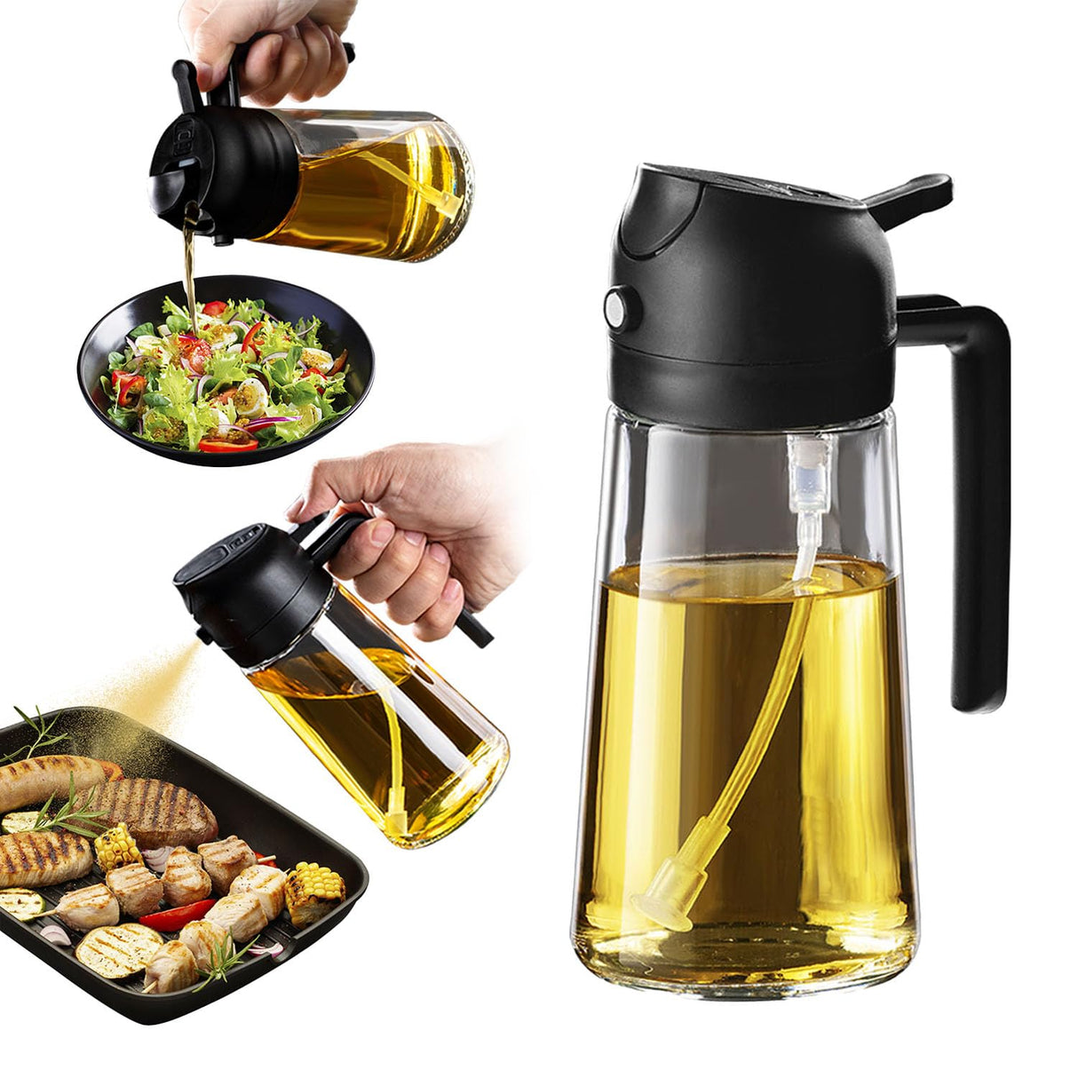 TrendPlain 470ml Olive Oil Spray Bottle for Kitchen Gadgets - 2 in 1 Olive Oil Dispenser Bottle and Air Fryer Accessories for Cooking, Salad and BBQ - Black