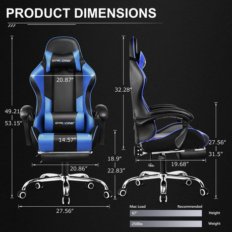 GTRACING Gaming Chair, Computer Chair with Footrest and Lumbar Support, Height Adjustable Gaming Chair with 360°-Swivel Seat and Headrest (Blue)