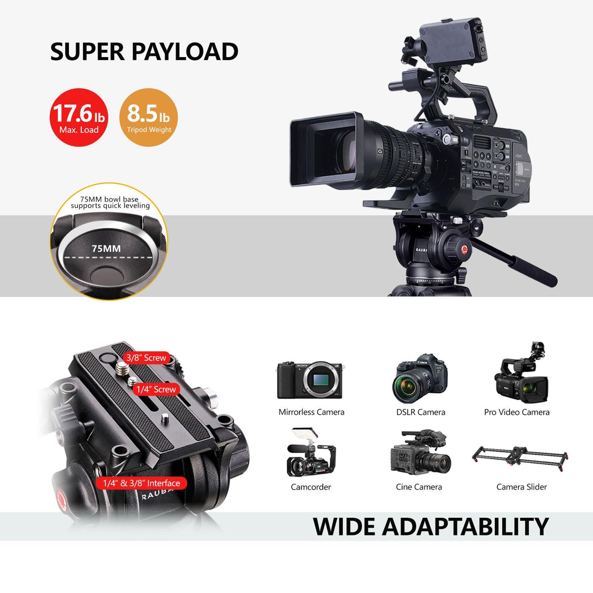 RAUBAY DV-2 Professional Fluid Head Video Tripod System, 69" Heavy Duty Camera Stands with Ground Spreader, Aluminium Twin Leg, QR Plate, Max Load 17lbs for DSLR, Digital Cine Style, Camcorder