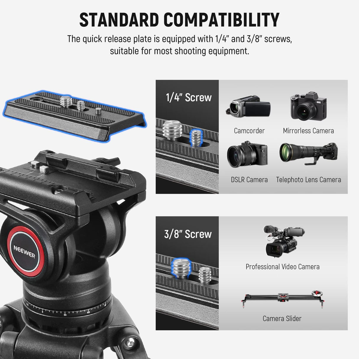 NEEWER 74" Video Tripod with Fluid Head, QR Plate Compatible with DJI RS Gimbals, Aluminum Heavy Duty Camera Tripod Professional for DSLR Cameras Camcorders, Max Load 17.6lb/8kg, TP74