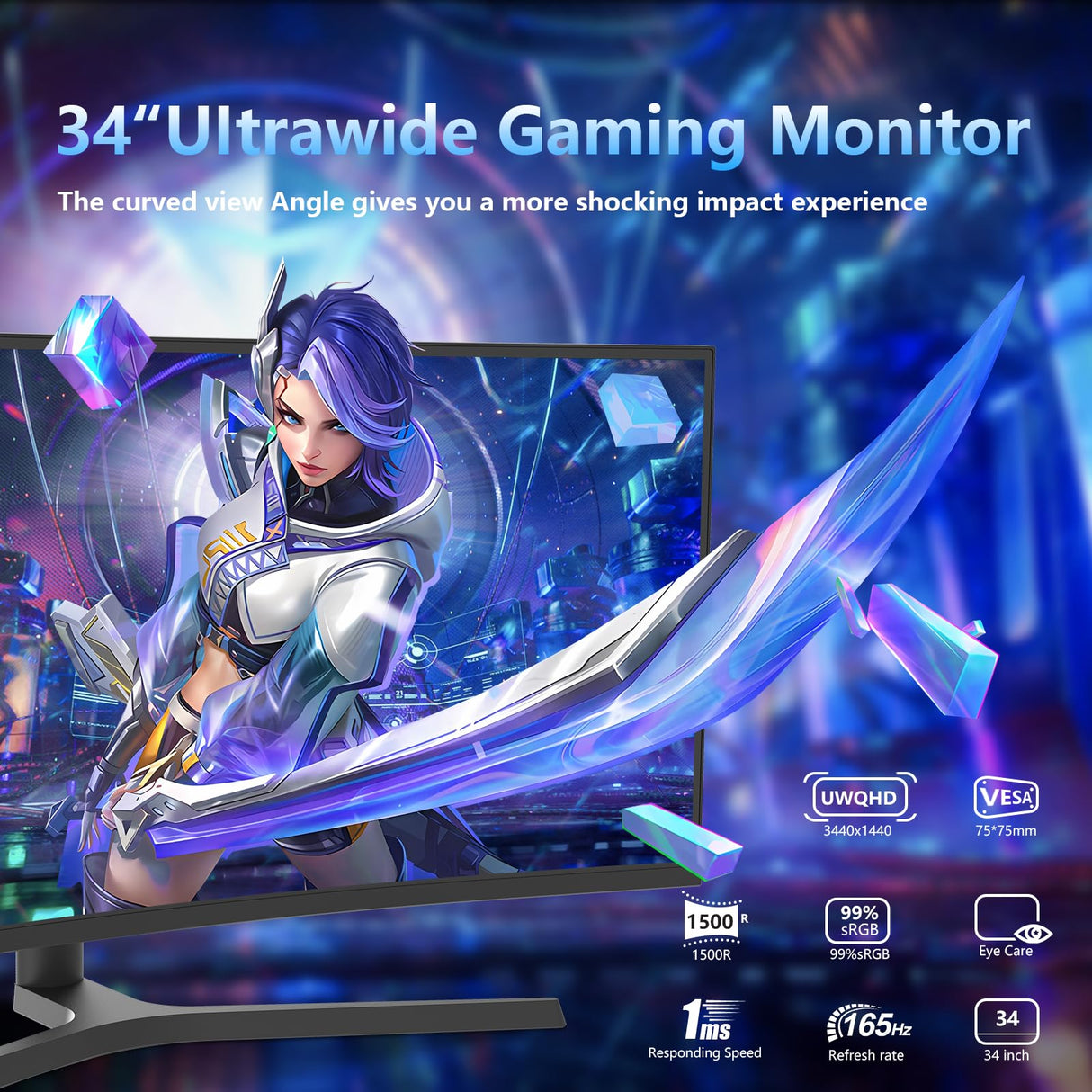 Sealan 34 inch Curved Ultrawide Computer Gaming Monitor 165Hz,UWQHD 3440x1440,1500R -PIP,1ms (MPRT),HDR, 300nits, sRGB99%,FreeSync,HDMI2.0(TMDS) x2,DP1.4 x2,Eye Care,VESA,Support Lifting Base