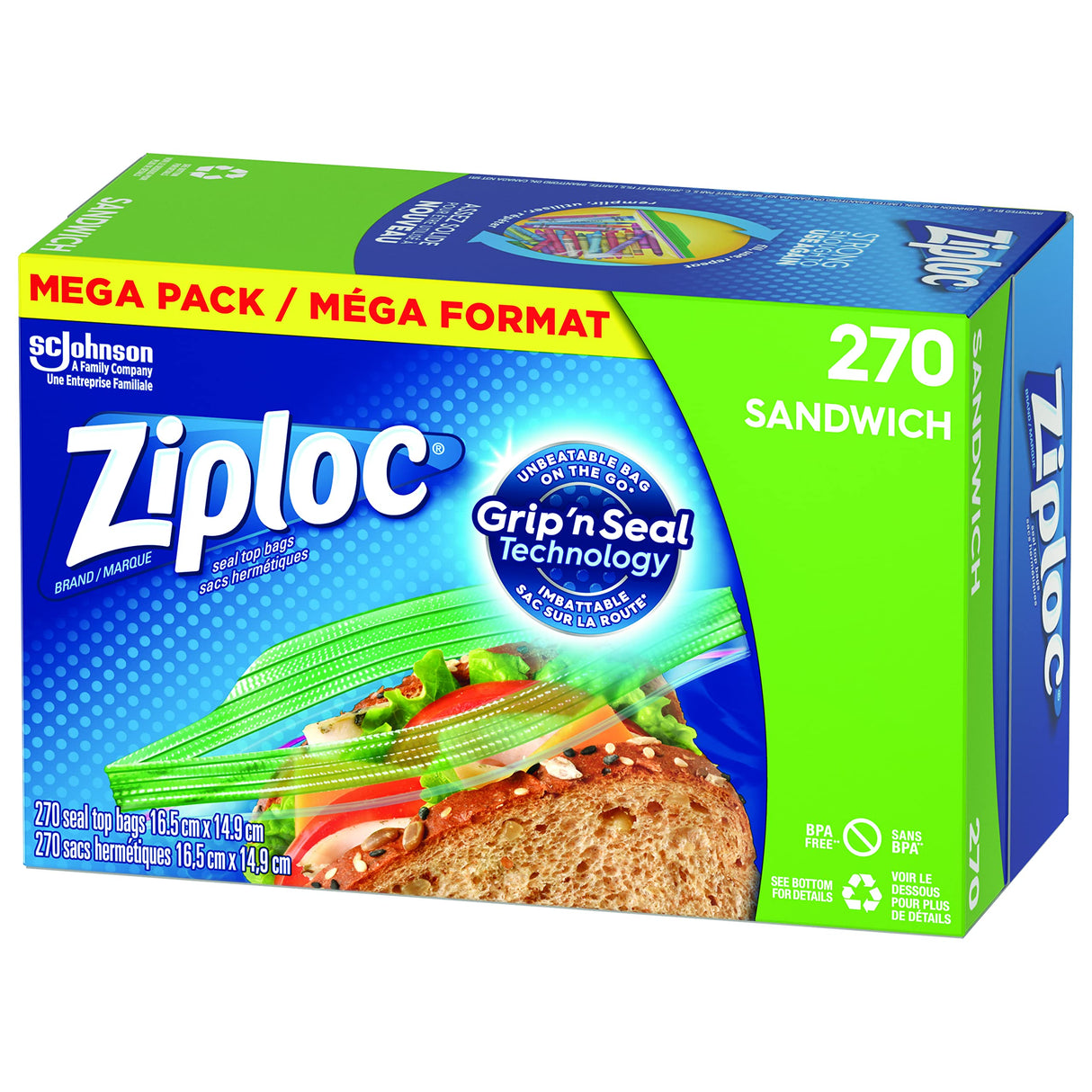 Ziploc Snack and Sandwich Bags for On-the-Go Freshness, Grip 'n Seal Technology for Easier Grip, Open and Close, 270 Count