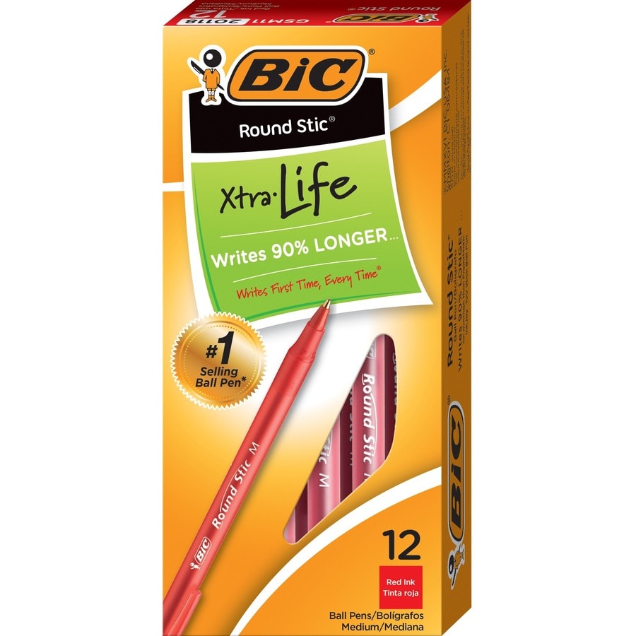 BIC Round Stic Extra Life Red Ballpoint Pens, Medium Point (1.0mm), 12-Count Pack of Bulk Pens, Flexible Round Barrel for Writing Comfort, No. 1 Selling Ballpoint Pens - 1 mm (0.04") Medium Pen Point - Red Ink - Translucent Barrel - 12 Pack