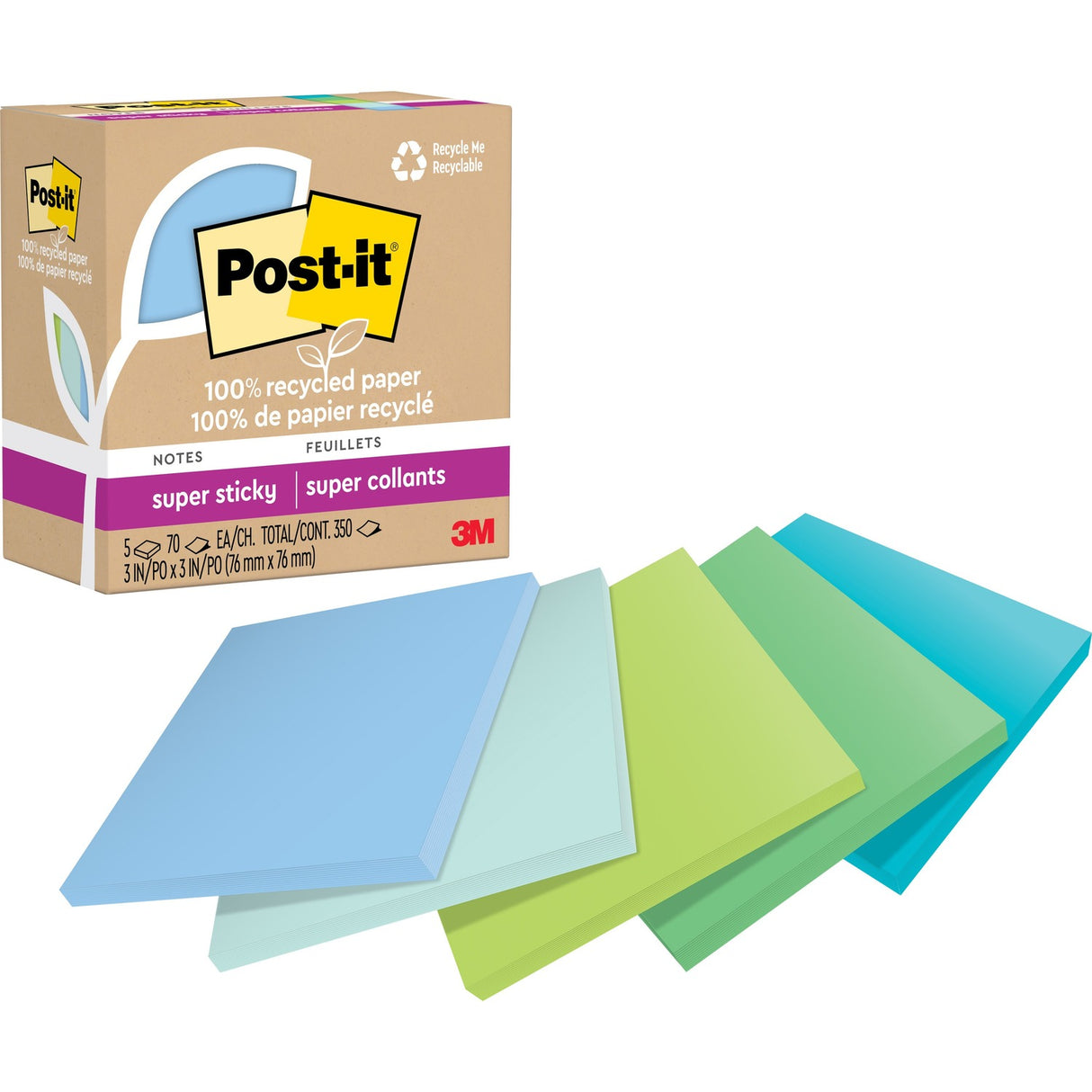 Post-it® Super Sticky Adhesive Note - 350 - 3" (76.20 mm) Flag/Note Width x 3" (76.20 mm) Flag/Note Length - Square - 70 Sheets per Pad - "Assorted Oasis - Removable, Repositionable, Recyclable - Recycled - 5 / Pack