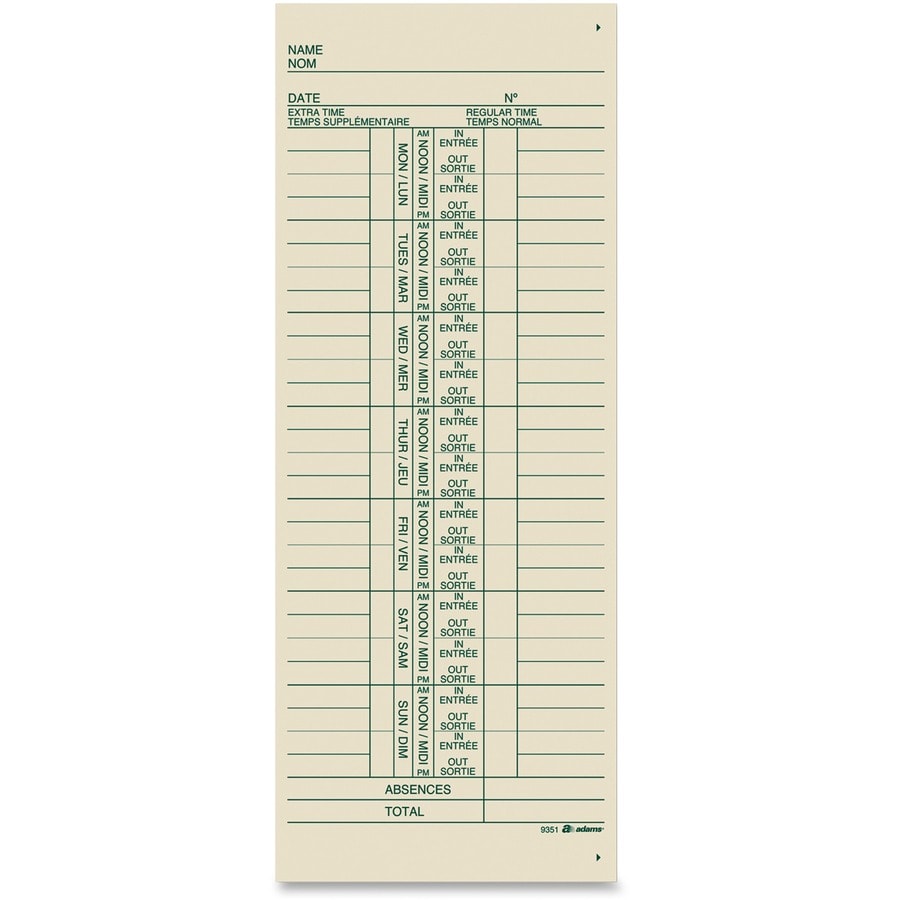 TOPS Bilingual Time Card - 250 Sheets - 3 1/2" x 9" - 250 / Pack