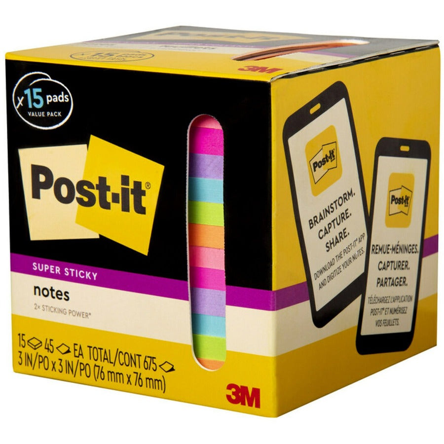 Post-it® Super Sticky Notes - 15 - 3" (76.20 mm) Flag/Note Width x 3" (76.20 mm) Flag/Note Length - Square - 45 Sheets per Pad - "Neon Orange, Tropical Pink, Power Pink, Iris, Blue Paradise, Neon Green Limeade - Adhesive, Recyclable - 15 / Pack