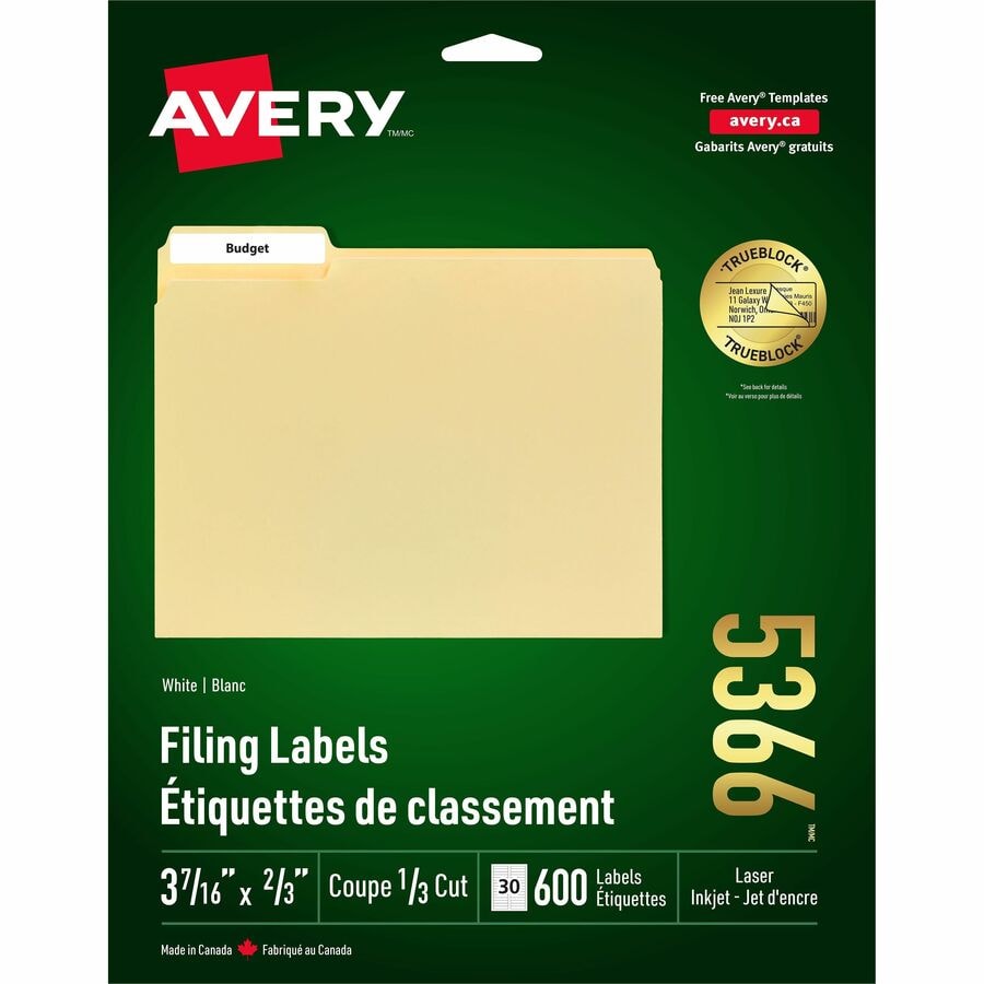 Avery® TrueBlock File Folder Labels, 2/3" x 3-7/16" , 600 Printable Labels, White (5366)