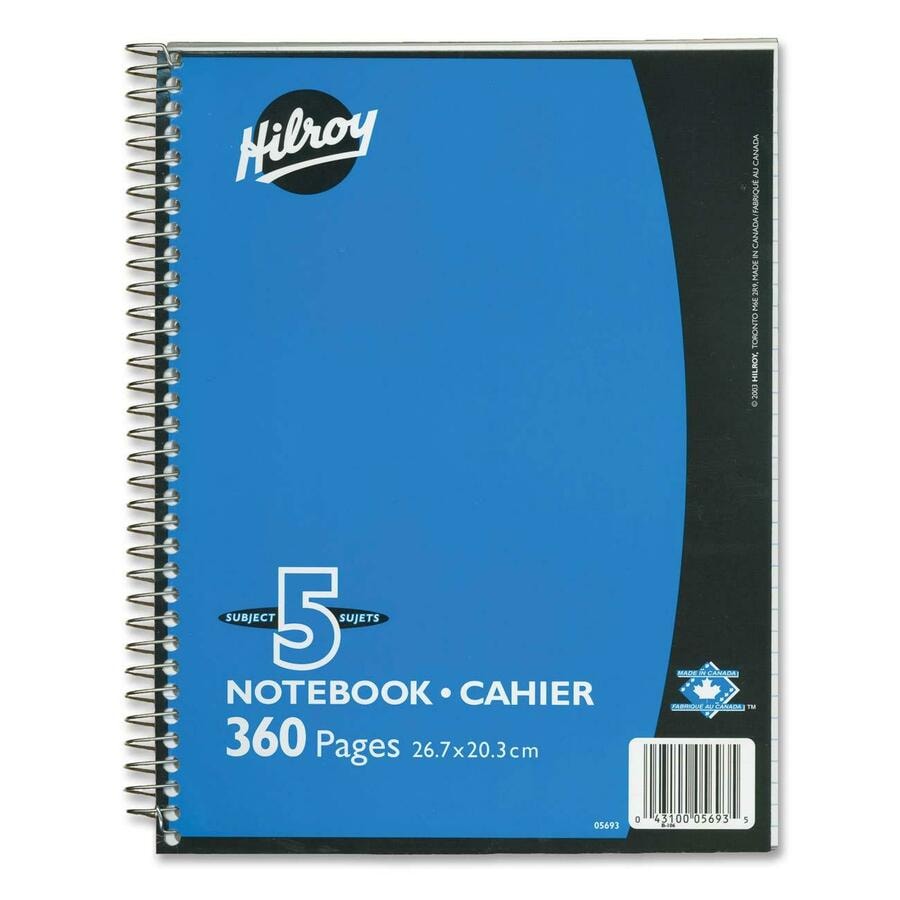 Hilroy Executive Coil Five Subject Notebook - 360 Sheets - Wire Bound - 0.28" (7 mm) Ruled - 8" (203.20 mm) x 10 1/2" (266.70 mm) Sheet Size - Assorted Cover - Subject - 1 Each