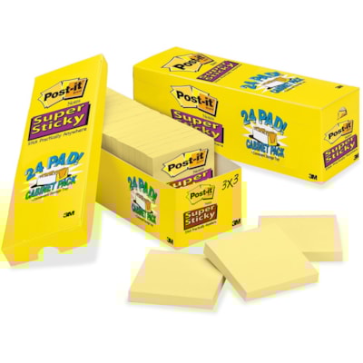 Post-it® Super Sticky Notes - 3" (76.20 mm) Flag/Note Width x 3" (76.20 mm) Flag/Note Length - Square - Canary Yellow - Self-adhesive - 24 / Pack - MMM65424SSCP
