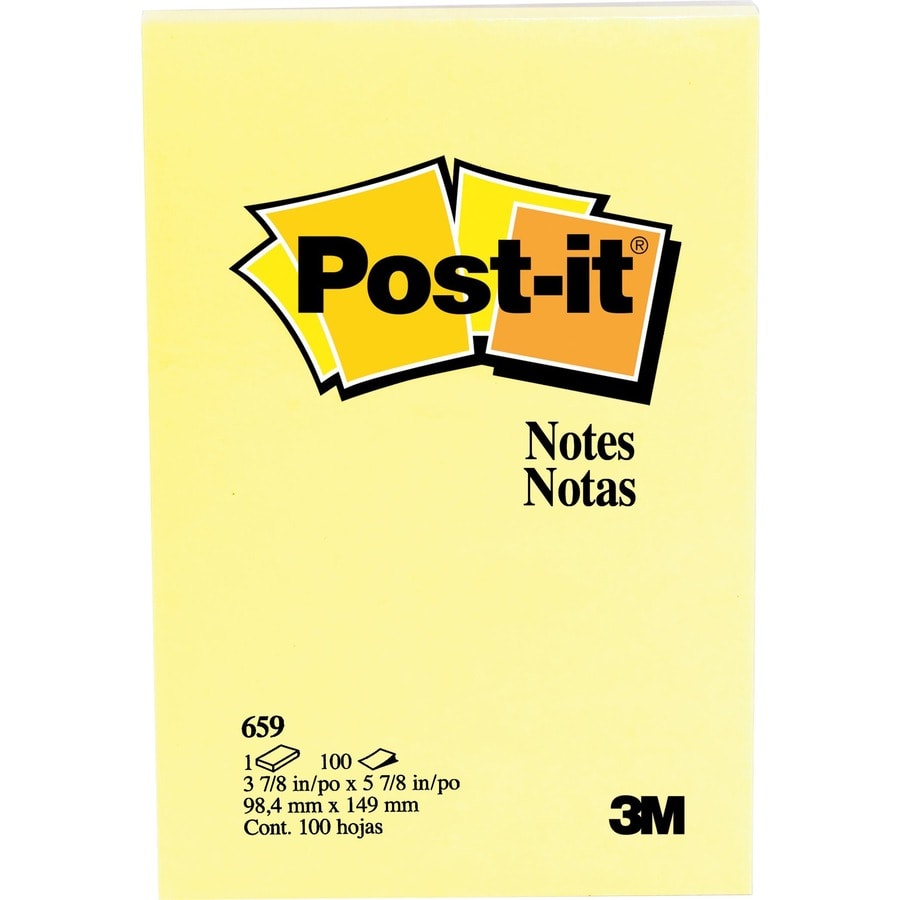 Post-it® Adhesive Note - 4 1/64" Flag/Note Width x 5 63/64" Flag/Note Length - Rectangle - 100 Sheets per Pad - "Canary Yellow - Paper - Removable, Indispensable, Recyclable - Recycled - 6 / Pack