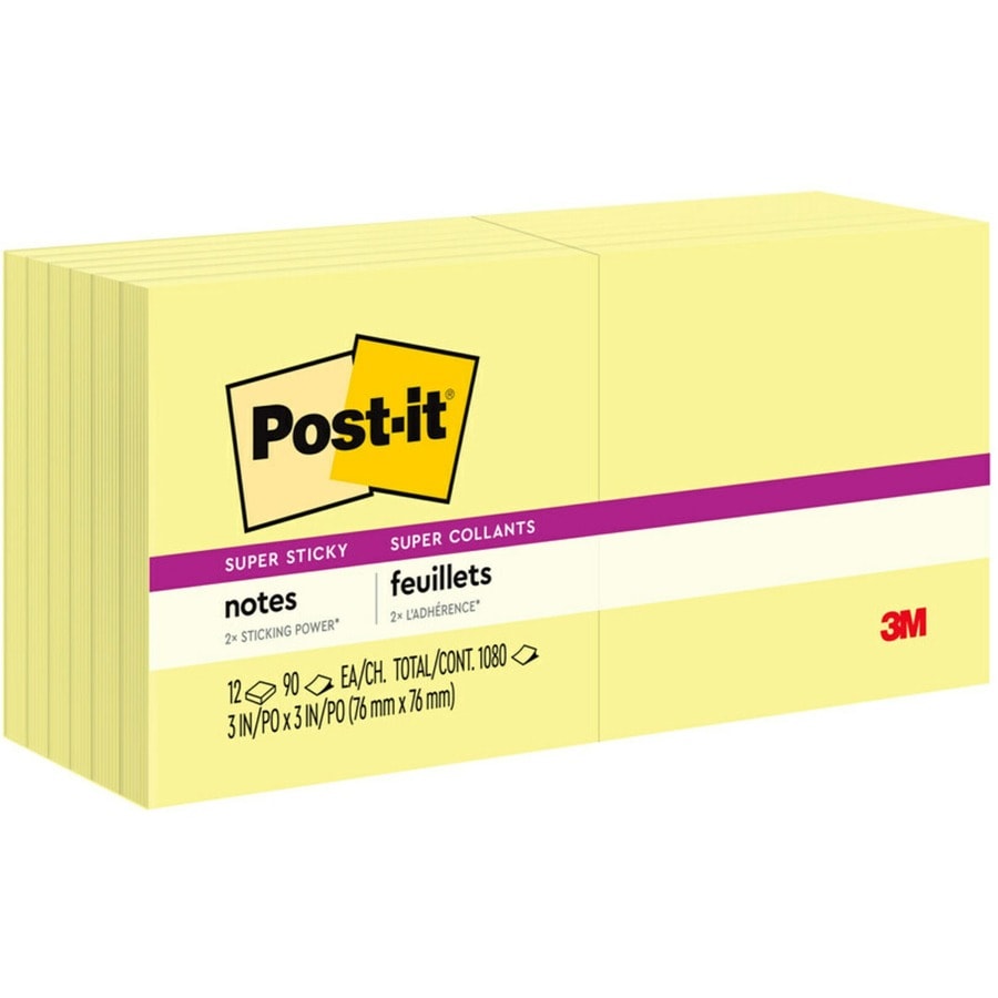 Post-it® Super Sticky Notes - 1080 - 3" (76.20 mm) Flag/Note Width x 3" (76.20 mm) Flag/Note Length - Square - 90 Sheets per Pad - Unruled - "Canary Yellow - Paper - Self-adhesive - 12 / Pack