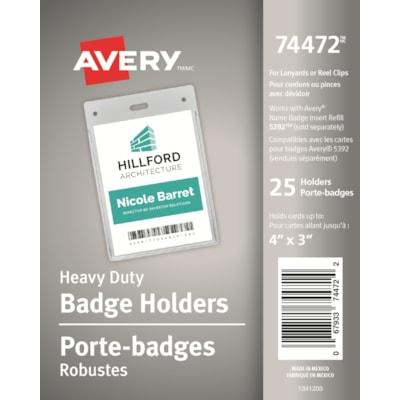 Avery Heavy Duty Flexible Secure Top Vertical Name Badge Holders, Clear, 4" x 3", Pack of 25*