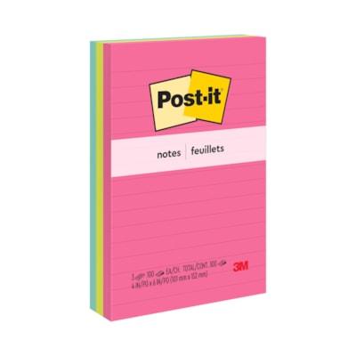 Post-it® Lined Notes - Poptimistic Color Collection - 300 - 4" (101.60 mm) Flag/Note Width x 6" (152.40 mm) Flag/Note Length - Rectangle - 100 Sheets per Pad - Ruled - "Power Pink, Neon Green, Aqua - Paper - Self-adhesive, Repositionable - 3 / Pack