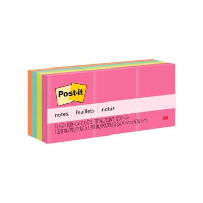Post-it® Notes Original Notepads - Poptimistic Color Collection, 1200 - 1 1/2" x 2" - Rectangle - 100 Sheets per Pad - Unruled - Power Pink, Acid Lime, Aqua Splash, Vital Orange - Paper - Self-adhesive, Repositionable - 12 / Pack