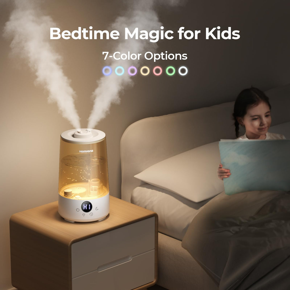 Homvana Humidifiers for Bedroom Home, 3.6L Cool Mist Top-Fill 34H Super Long Time, Quiet 16dB, Baby Humidifier, Oil Diffuser for Large Room, Plants, Nursery, Office BPA FREE, 7 Color Light Ultrasonic