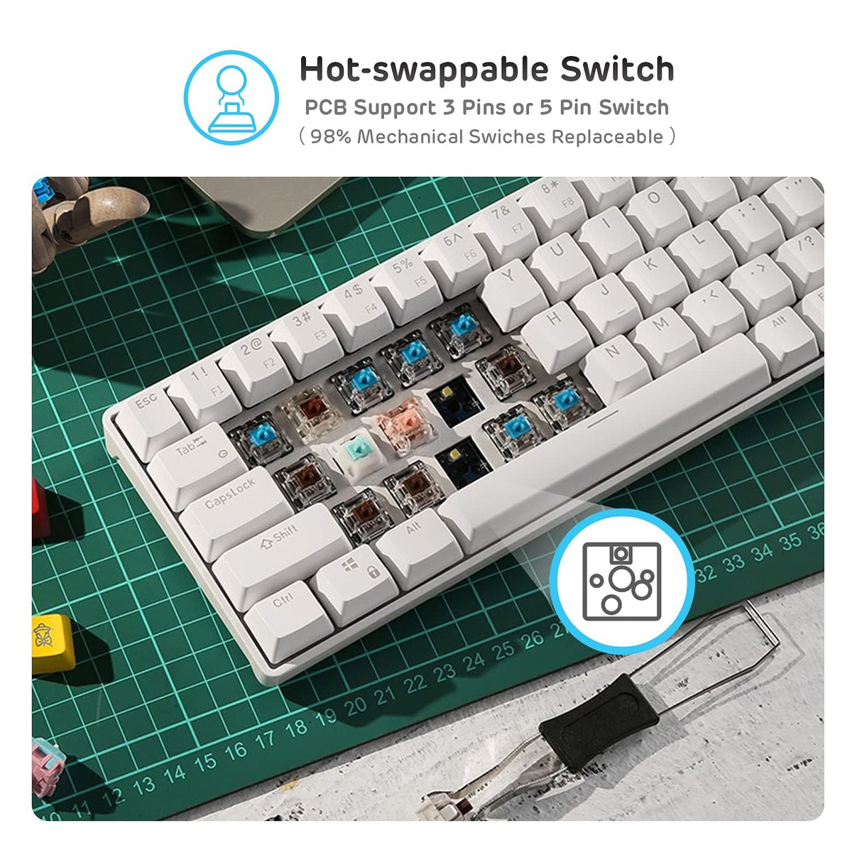 RK ROYAL KLUDGE RK61 Wireless 60% Triple Mode BT5.0/2.4G/USB-C Mechanical Keyboard, 61 Keys Bluetooth Mechanical Keyboard, Compact Gaming Keyboard with Software (Hot Swappable Brown Switch, White)